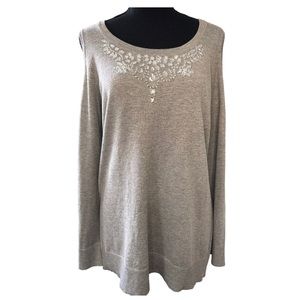 Red Gray Sweater Size L Cold Shoulder Embellished Beaded